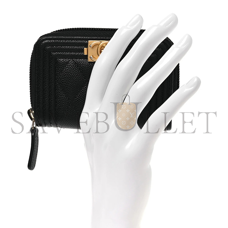 CHANEL CAVIAR QUILTED BOY ZIP AROUND COIN PURSE WALLET BLACK A80602 (11*7.5*2cm)